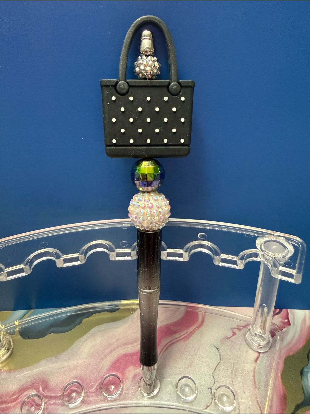 New Beaded Black Polka Dot Purse Pen With Crystal Accents